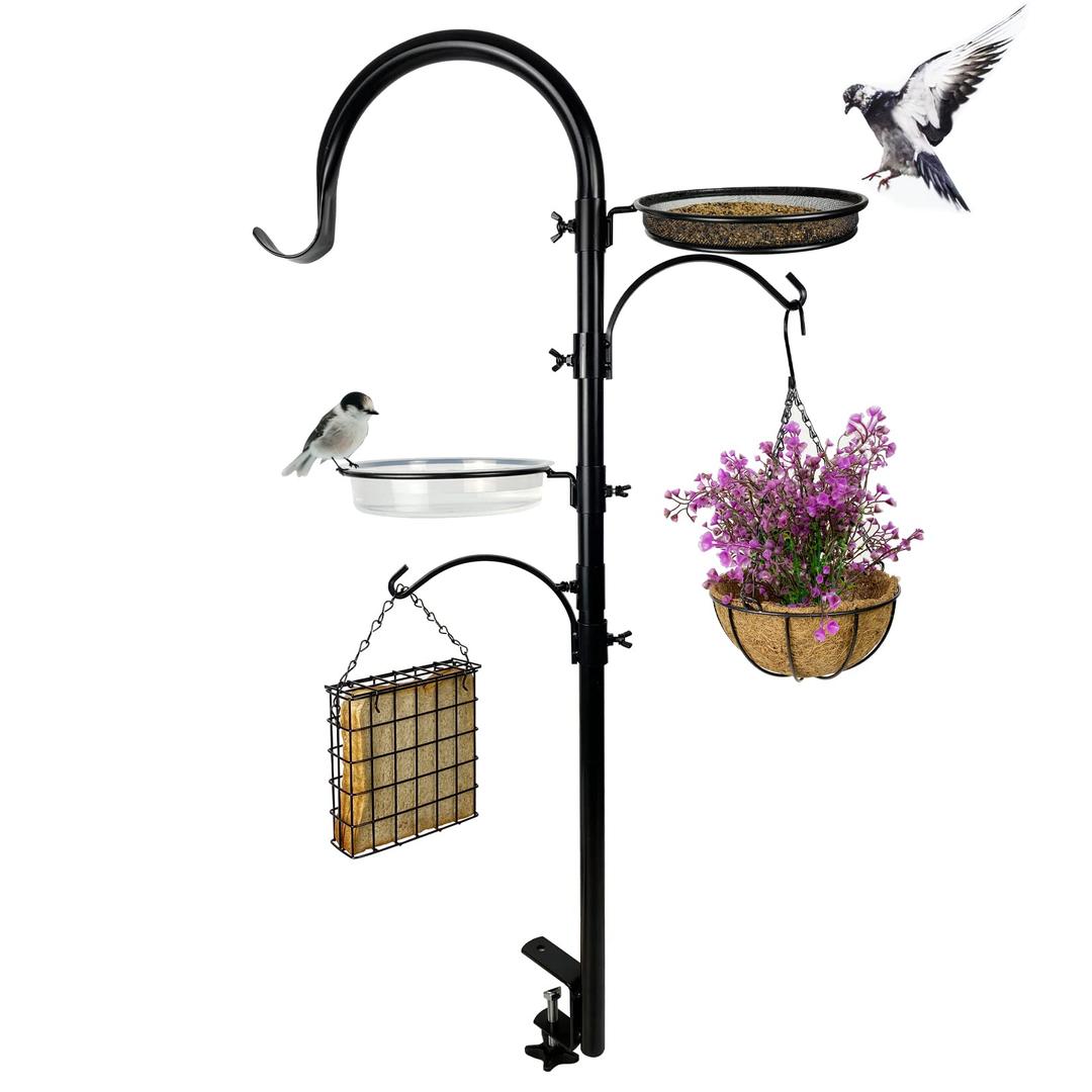 Upgraded Bird Feeding Station Kit,Deck Railing Bird Feeder Pole with 3 Hooks,Bird Bath,Mesh Tray and Suet Cage,Multi-Design Style,Used for Balcony Bird Feeder&Plant Hanger