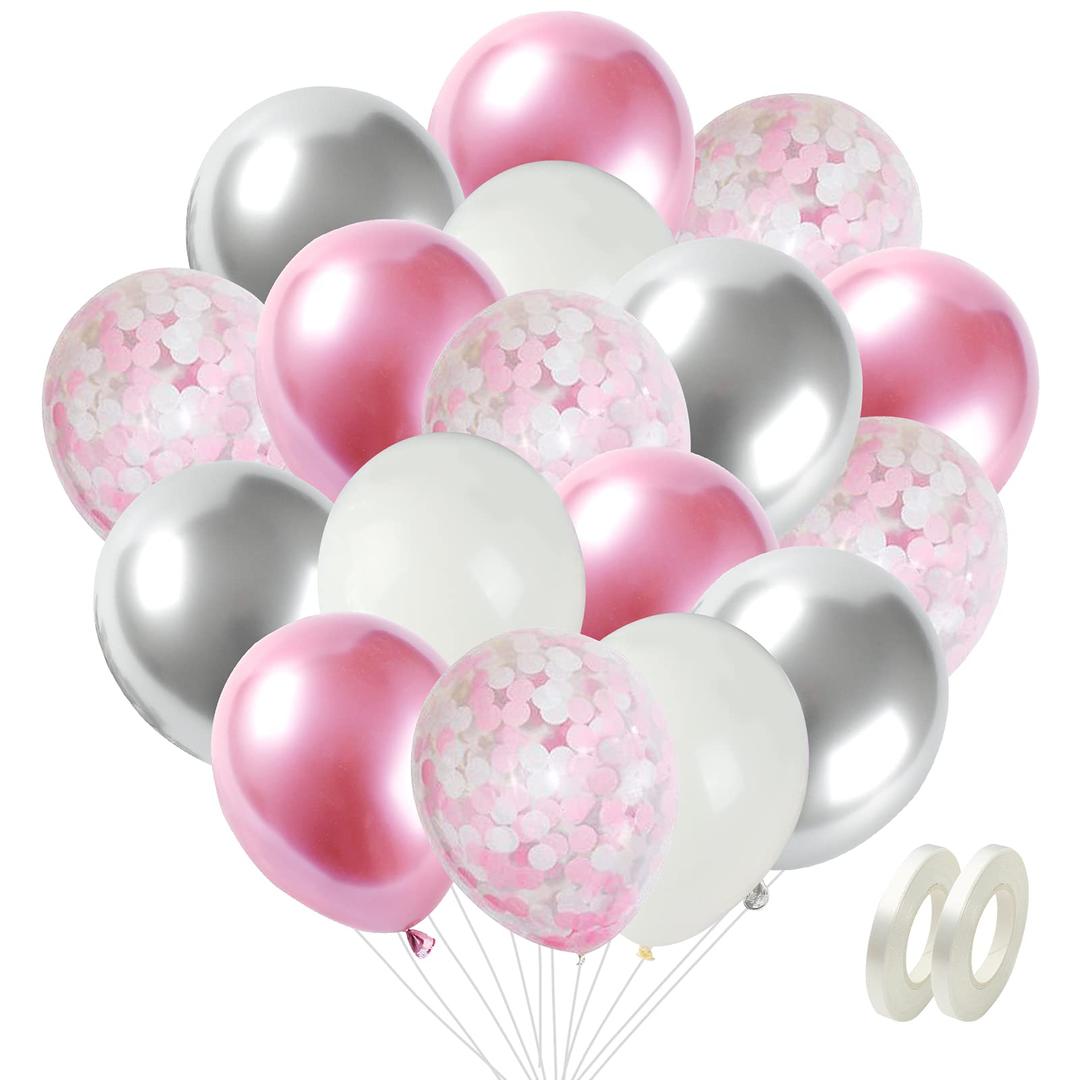 60 Pcs Pink Balloons Set, vita dennis 12 Inch Pink White Confetti Balloons, Metallic silver balloon Pearly White Balloon Pink Latex Helium Balloons for Wedding Baby Shower Birthday Party Decoration