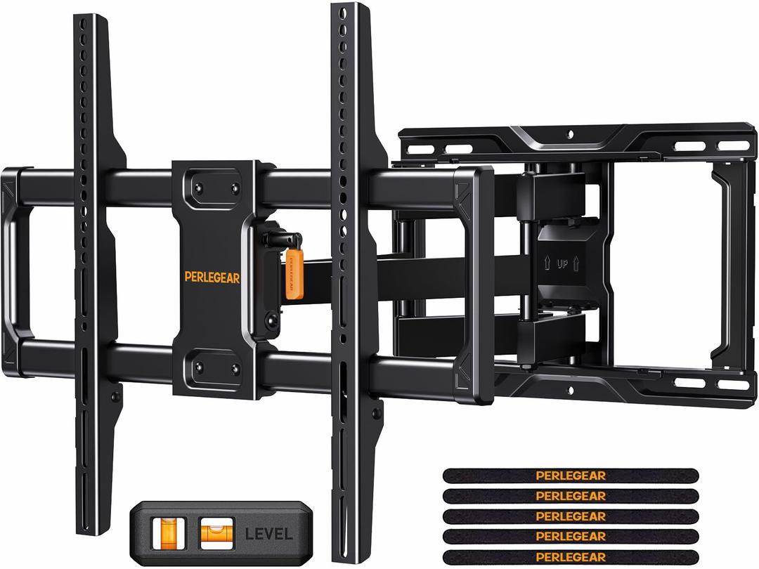 Perlegear UL Listed Full Motion TV Wall Mount for Most 42–84 inch Flat Curved TVs up to 132 lbs, 12″/16″ Wood Studs, Bracket with Articulating Arms, Swivel, Tool-Free Tilt, Max VESA 600x400mm PGLF12