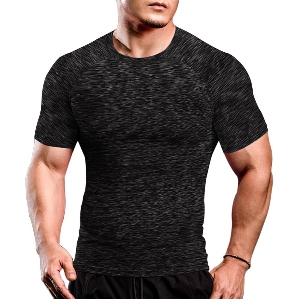 Muscle Alive Men Skinny Tight Compression Base Layer Short Sleeve T Shirt Bodybuilding Tops Polyester and Spandex