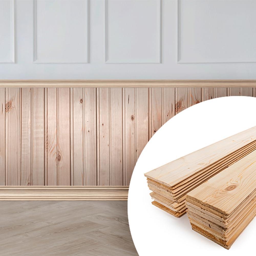 Wainscot Reversible - Solid Wood Reversible Wainscoting Tongue & Groove Planks 3.5 Linear Feet- DIY- Wood Paneling - Natural Unfinished Wood Color – 12 Panels (Coverage 9.4 sq. ft.)