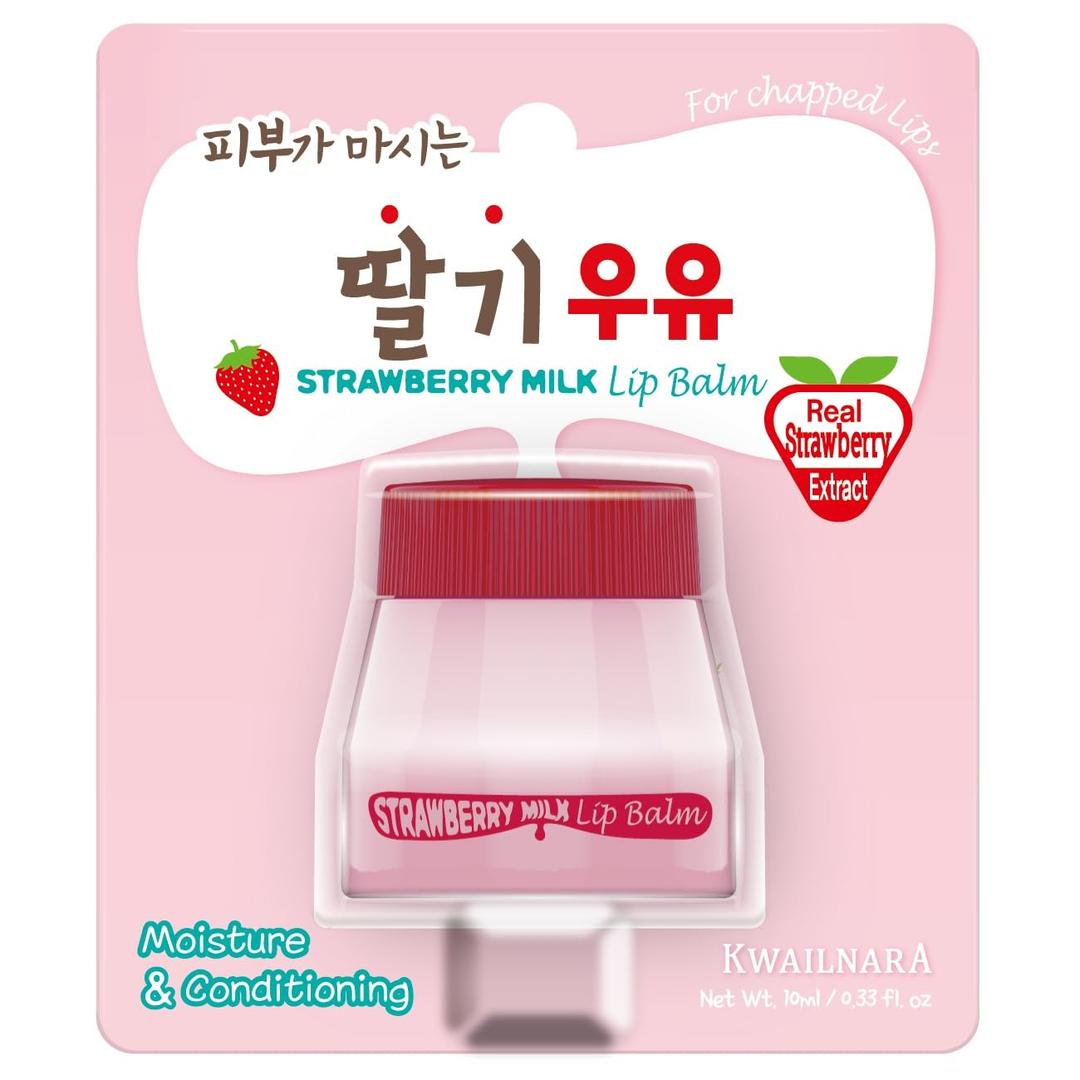 WELCOS Kwailnara Milk Lip Balm | Moisturizing, Soothing, Nourishing with Milk and Royal Jelly Extract | Korean Lip Care | 10 ml / 0.33 Fl. oz | Strawberry