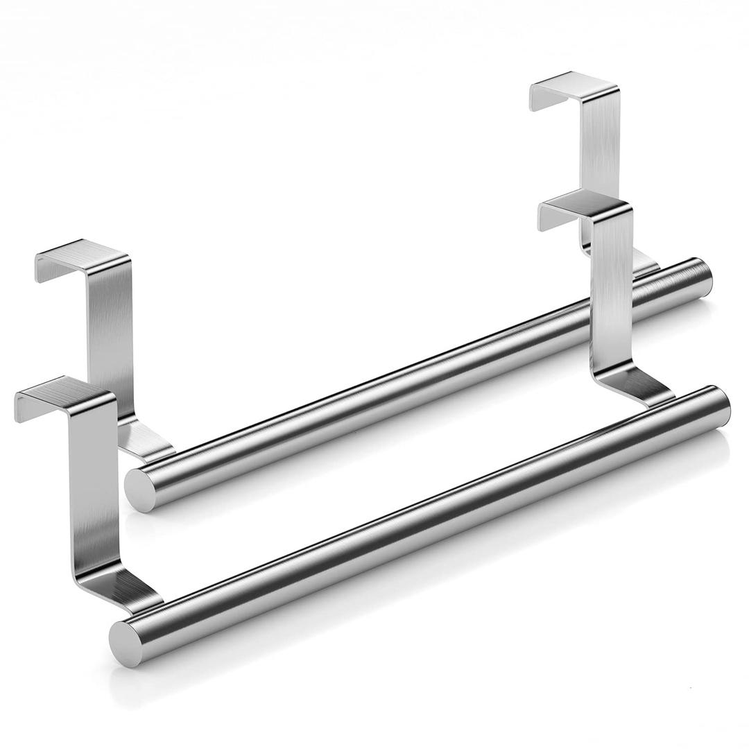 Stainless Steel Over Door Towel Rack Bar Holders for Universal Fit on Over Cabinet Cupboard Doors 2 Pack (Sliver)