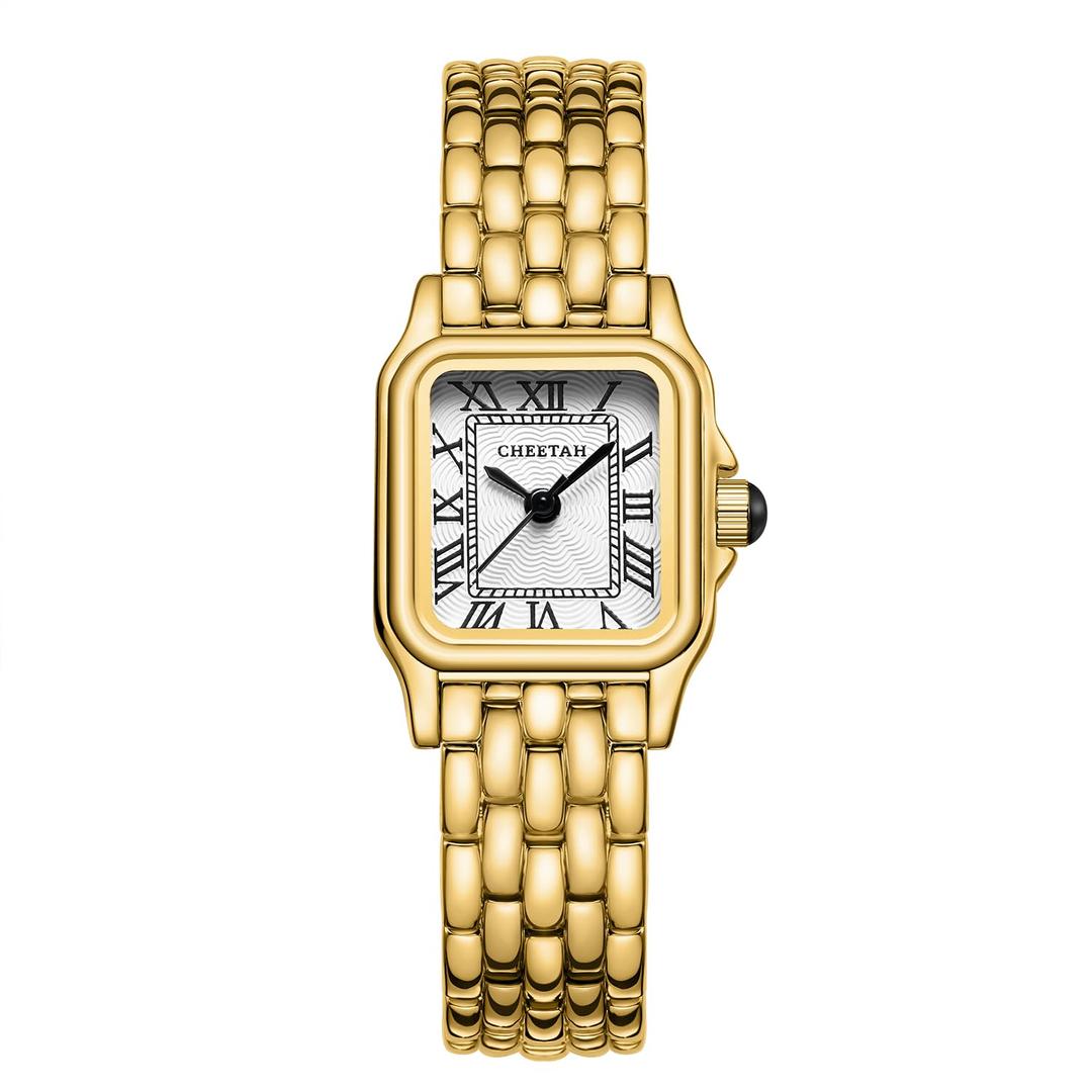 CHEETAH Gold Watches for Women with Small Vintage Bracelet, Rectangular Case Roman Dial