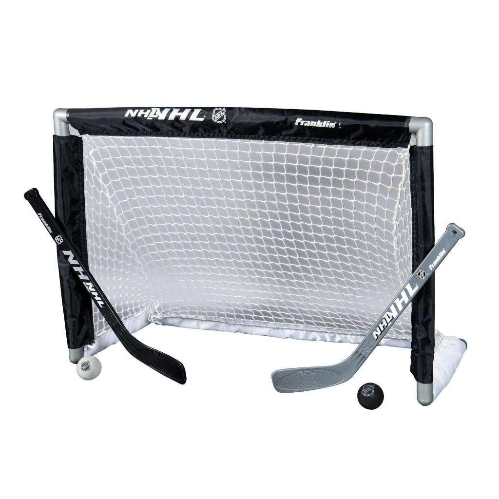 Franklin Sports NHL Youth Mini Hockey Goal + Stick Set - Kids Knee Hockey Goal, Sticks + Foam Mini Balls - (1) Goal, (2) Mini Sticks + (2) Balls Included