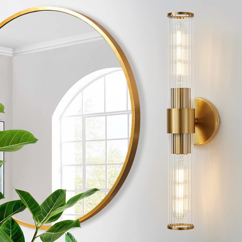 Vaziden Bathroom Light Fixtures, Gold Vanity Lights in Threaded Glass Indoor Wall Sconce, Modern Bathroom Vanity Light Up and Down Wall Mount Lamp for Bathroom, Living Room, Hallway, Kitchen