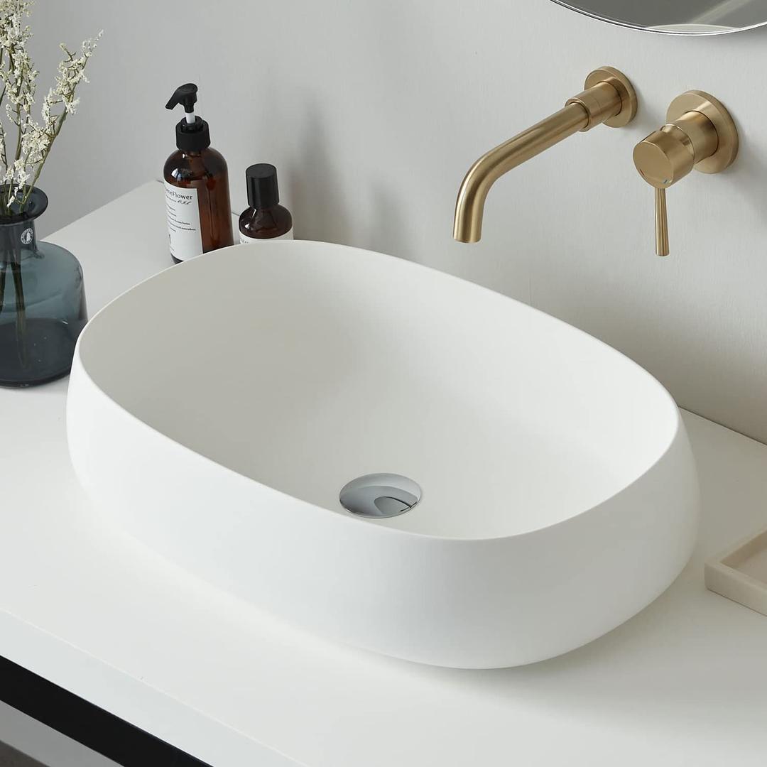 Bathroom Vessel Sink, 23" x 15" Oval Shape Countertop Bathroom Artistic Stone Resin Vessel Bowl Basin with Pop-up Drain, Matte White 2266