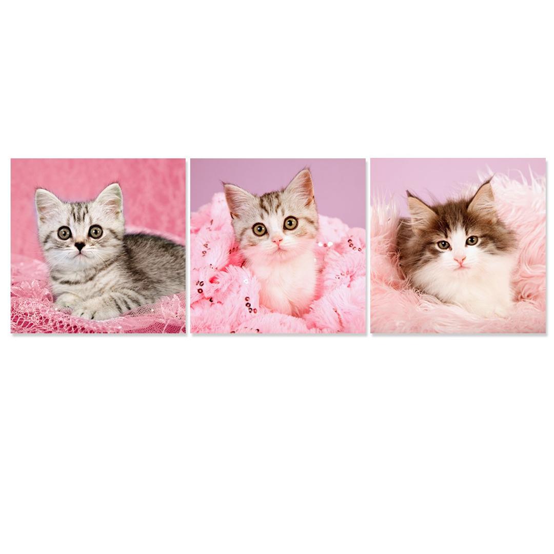 Hello Lovely Kitty Modern Canvas Art Print Cute Pet Kitten Paintings Pink Cat Animal Picture on Canvas 3 Panels Giclee Artwork Daughter Birthday Gift for Kids Room Wall Decor