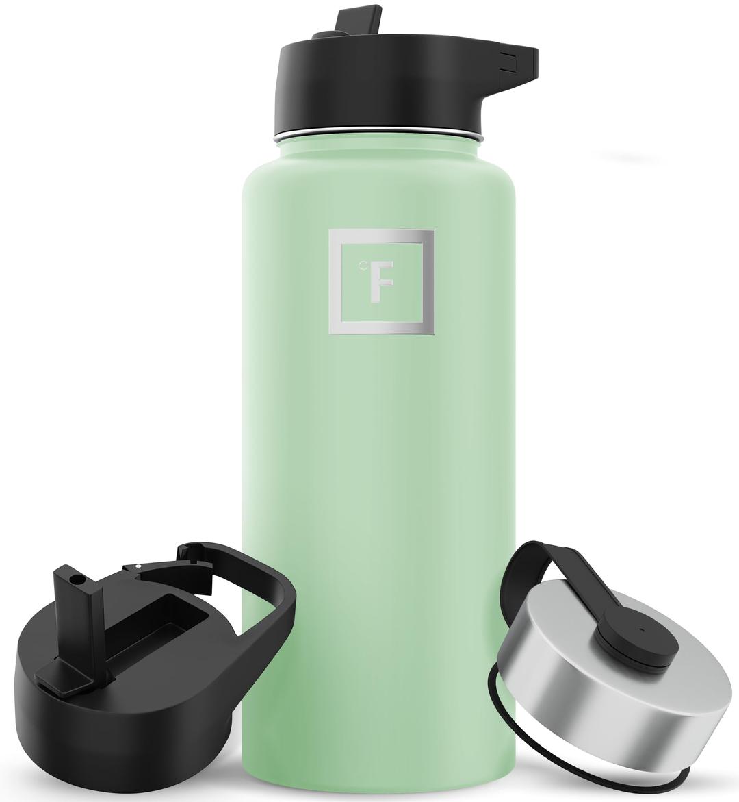 IRON °FLASK Camping & Hiking Hydration Flask with 3 Lids - Stainless Steel, Double Walled & Vacuum Insulated Water Bottle - Leak Proof & BPA Free (Mint, Straw - 32 oz)