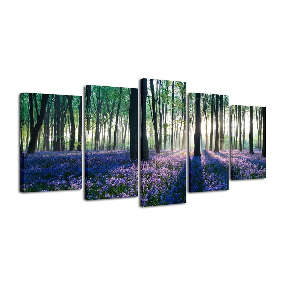 Pyradecor Early Morning Lavender Canvas Prints Wall Art Purple Floral Pictures Paintings for Bedroom Kitchen Bathroom Home Decor Modern 5 panels Stretched and Framed Flowers Landscape Giclee Artwork