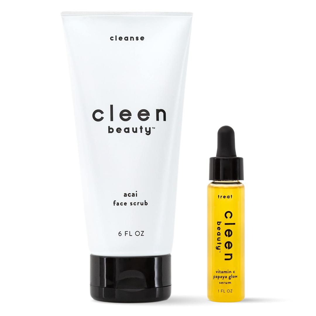 CLEEN BEAUTYGlow Essentials Skincare Set | Acai Face Scrub + Vitamin C Papaya Glow Serum | Exfoliating Face Wash with Brazil Nut Oil & Avocado Oil | Brighten and Moisturize | Vegan Skin Care