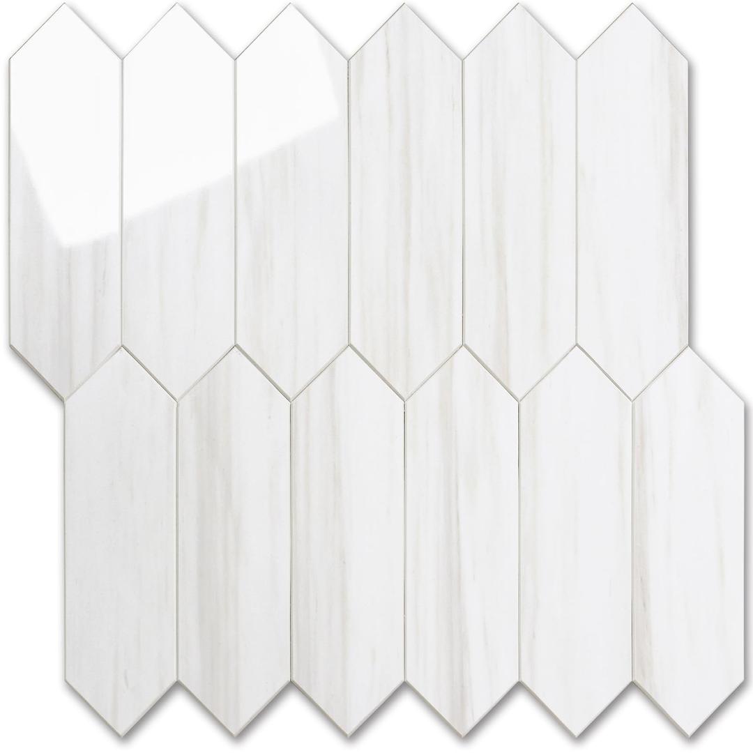 Vamos Tile Glossy Dolomite White Backsplash Tile Peel and Stick, 12.8 x 12.8 Inch 10 Sheets Long Hexagon PVC Self Adhesive Mosaic Wall Tiles Stick on Backsplash for Kitchen and Bathroom