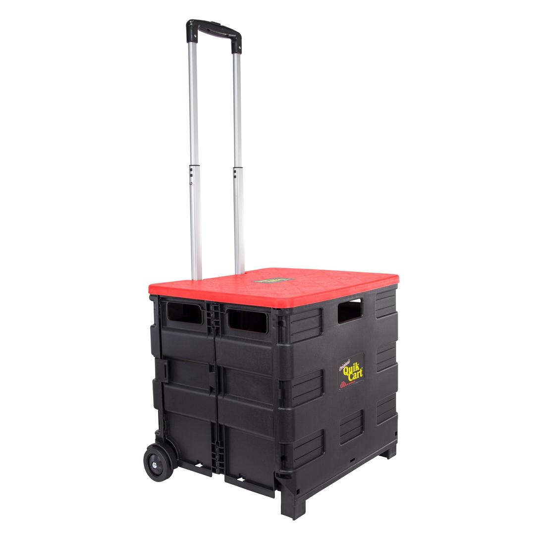 dbest products Quik Cart Collapsible Rolling Crate on Wheels for Teachers Tote Basket 80 lbs Capacity, Made from Heavy Duty Plastic and used as a Seat, Standard, Red