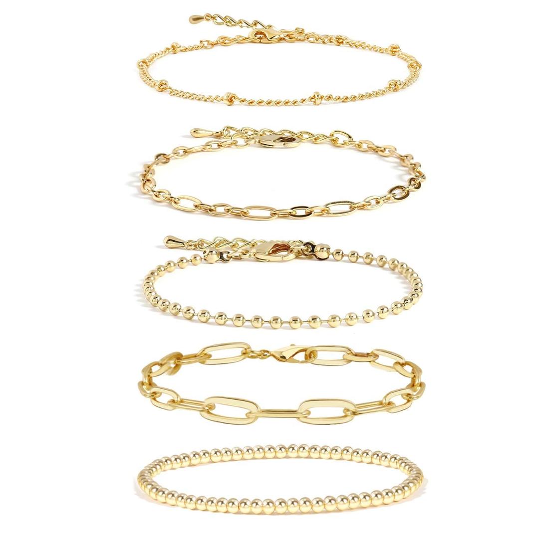 Gold Chain Bracelet For Women,14K Gold Plated Link Dainty Bracelets Stake Adjustable Layered Bracelet Set Hypoallergen Gold Jewelry