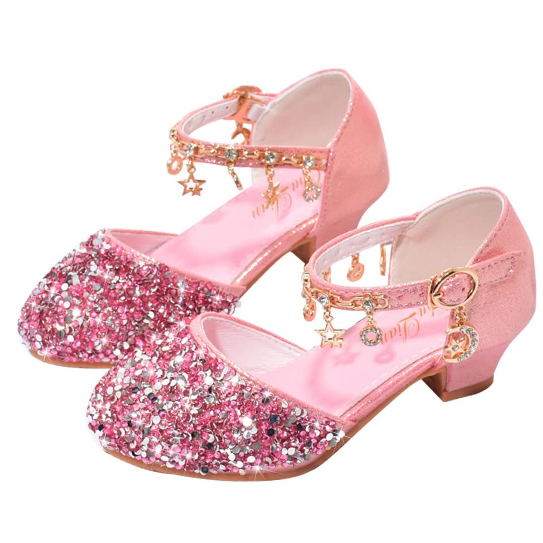 ChuLian Little Kids Girls Dress Pumps Glitter Sequins Princess Low Heels Mary Jane Party Dance Shoes Rhinestone Sandals