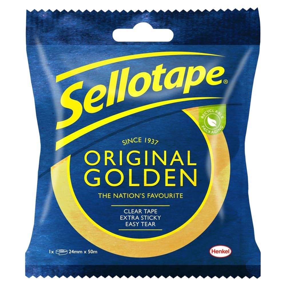 SellotapeOriginal Golden, Multi-Purpose Clear Tape for Household Objects, Clear Packing Tape for Sticking Envelopes or Cards, Easy to Use & Extra Sticky Packaging Tape, 24mm x 50m