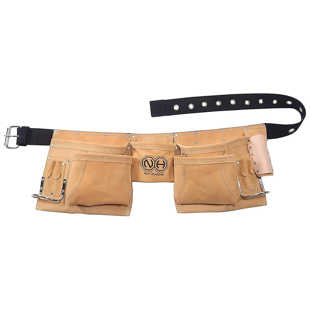 Tool Belts for Men, Pouch Utility Bag, Electrician Carpenter, Construction, Framers, Framing Tool Belt Work Apron Suede Leather with 12 Pockets, Light Brown