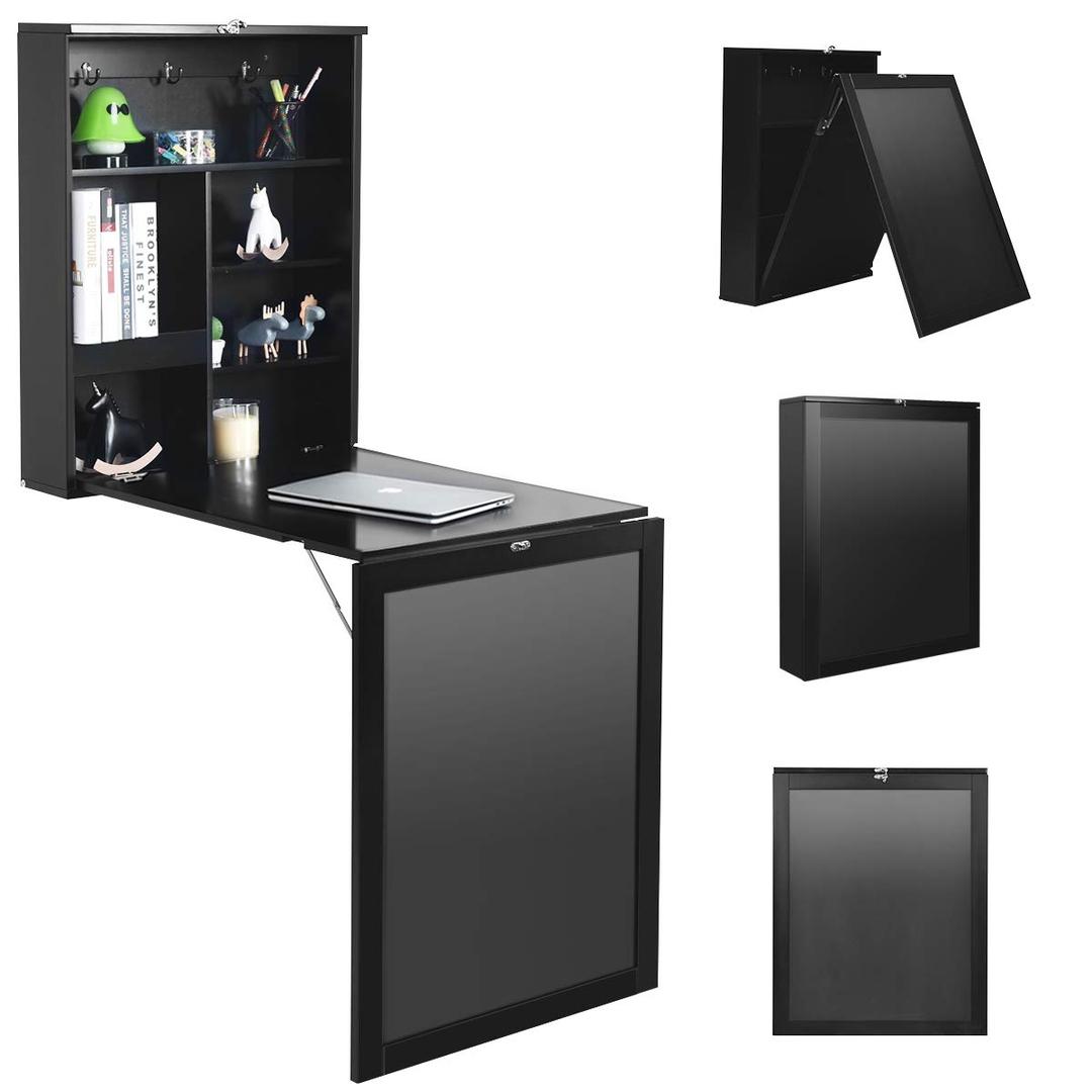 Folding Wall Desk, Wall Mounted Fold Out Desk with Storage Shelves & Hooks, Hideaway Desk Wall Mount with Chalkboard, Floating Corner Desk for Small Spaces (Black)