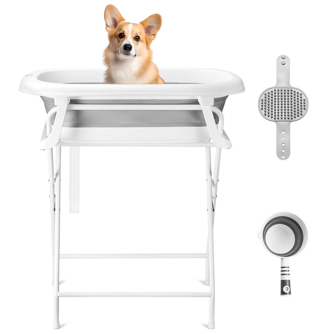 Portable Dog Bathtub, Elevated Pet Wash Station for Small-Medium Dogs & Cats, Collapsible PP Material Washing Station with Bath Brush & Water Spoon, Easy Grooming, Shower for Indoor and Outdoor, Gray.