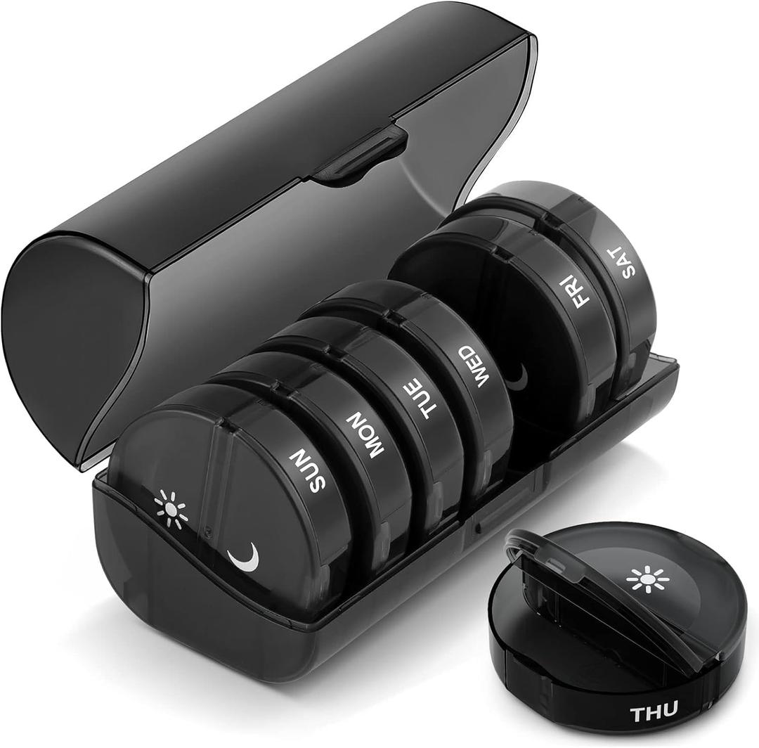 HOMIBIZ Portable Pill Organizer - 2 Daily Compartments for a Week - Travel-Friendly, Light-Resistant Pill Box - Ideal for Vitamins, Medication, Supplements (Black)