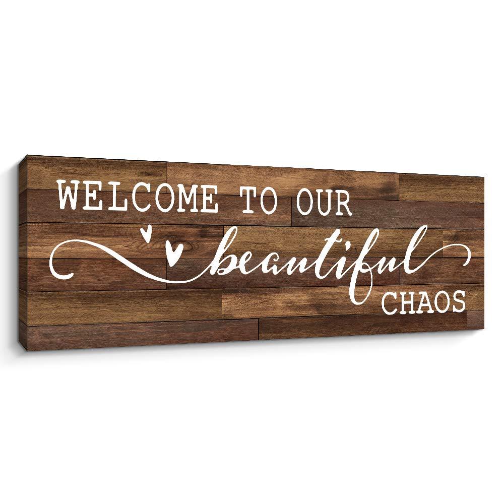 Pigort Funny Welcome Signs, Welcome to Our Beautiful Chaos Wall Art, Welcome Home Sign, Entryway Wall Decor Canvas Print Artwork, 6x17 Inch (Brown)