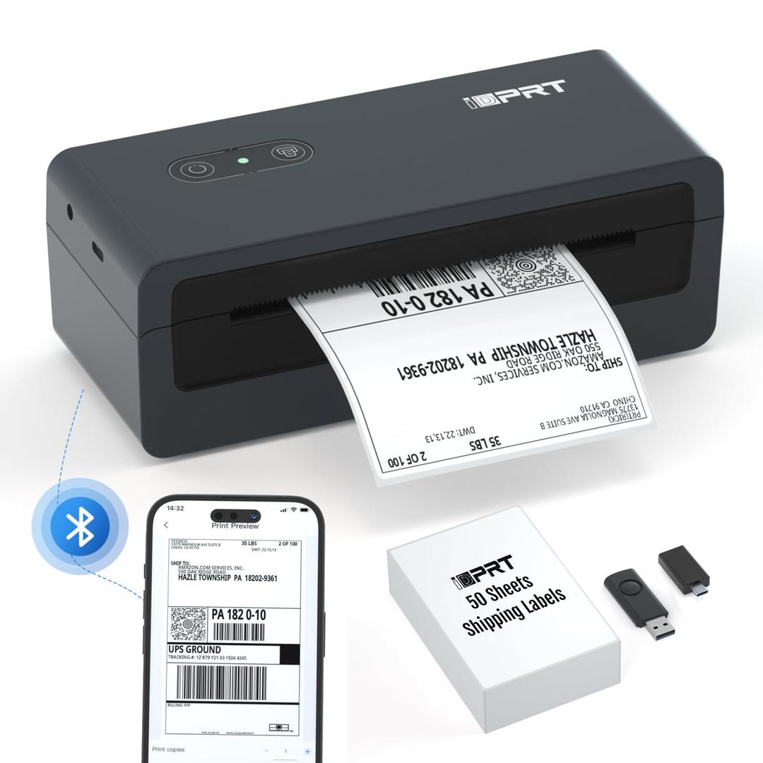 iDPRTShipping Label Printer 4x6 Bluetooth Thermal Label Printer for Small Business and Shipping Package, Support Android, iPhone, Windows, macOS, Widely Used for Amazon, Shopify, Ebay