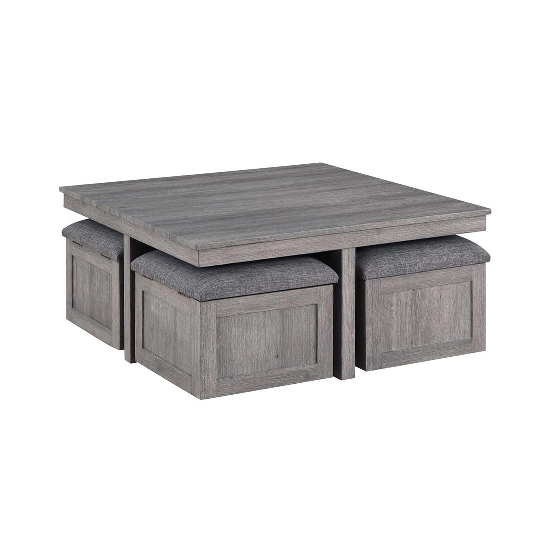 Simple Relax Square Coffee Table with 4 Storage Stools in Distressed Gray