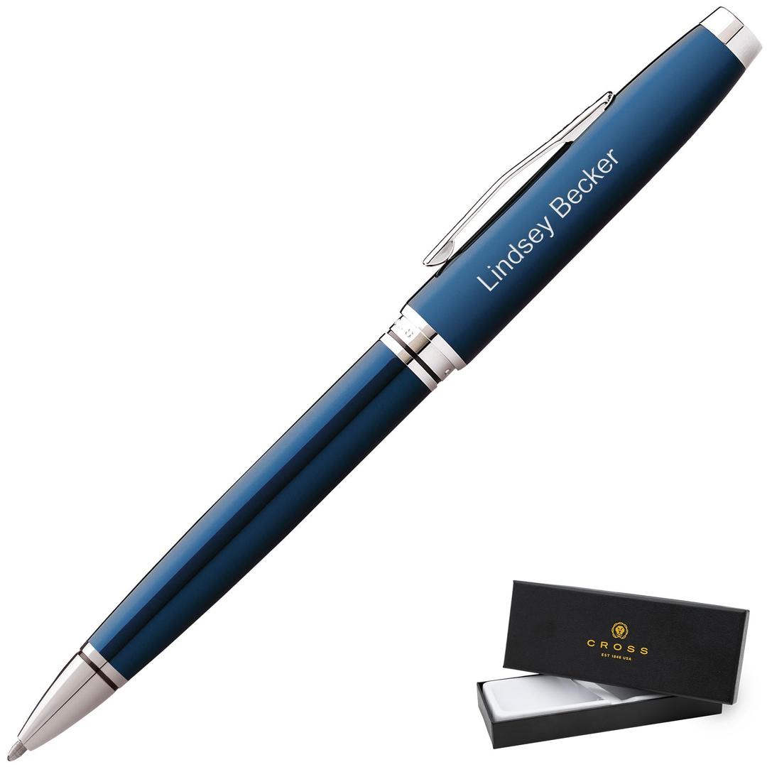 Engraved Cross Pen | Cross Coventry Twist-Action Ballpoint Pen. Blue Lacquer Finish with Chrome Trim. Affordable Luxury Engraved Business Gift.