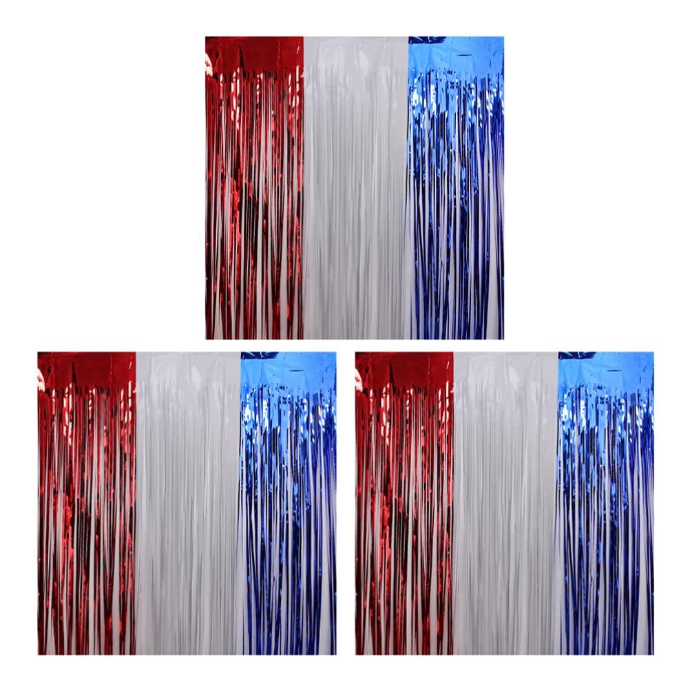 ABOOFAN 3pcs 4th of July Party Red White Blue Tinsel Foil Fringe Curtains Independence Day America Patriotic Party Decor Photo Booth Props Backdrops Decorations(3.2ft x 6.5ft)