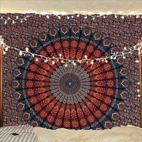 Bless InternationalHandmade Indian hippie Bohemian Psychedelic Peacock Mandala Wall hanging College Dorm Beach Throws Table Cloth Bedding Tapestry (Golden Blue, Queen(84x90Inches)(215x230Cms))