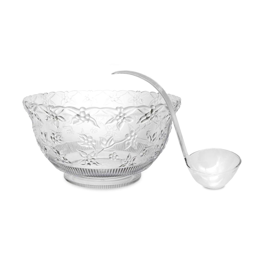 Party Essentials N080621L Hard Plastic Embossed Floral Serving Bowl for Punch/Salad/Snack/Treat, Clear, 8-Quart with ladle