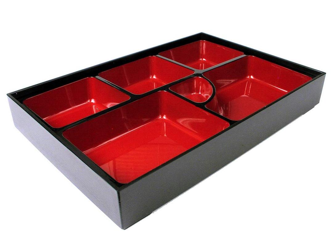 JapanBargain 1591, Red and Black Japanese Traditional Plastic Lacquered Lunch Bento Box 6 Compartments for Restaurant or Home Tray and Plate 2pc Set Made in Japan, 11.75"x9.5"