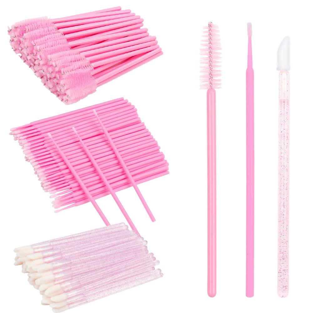 300 PCS Eyelash Extension Supplies Kit, Disposable Micro Swab Brush, Eyebrow Spoolie, Lip Brush, Mascara Wand Applicator (Pink Sets)