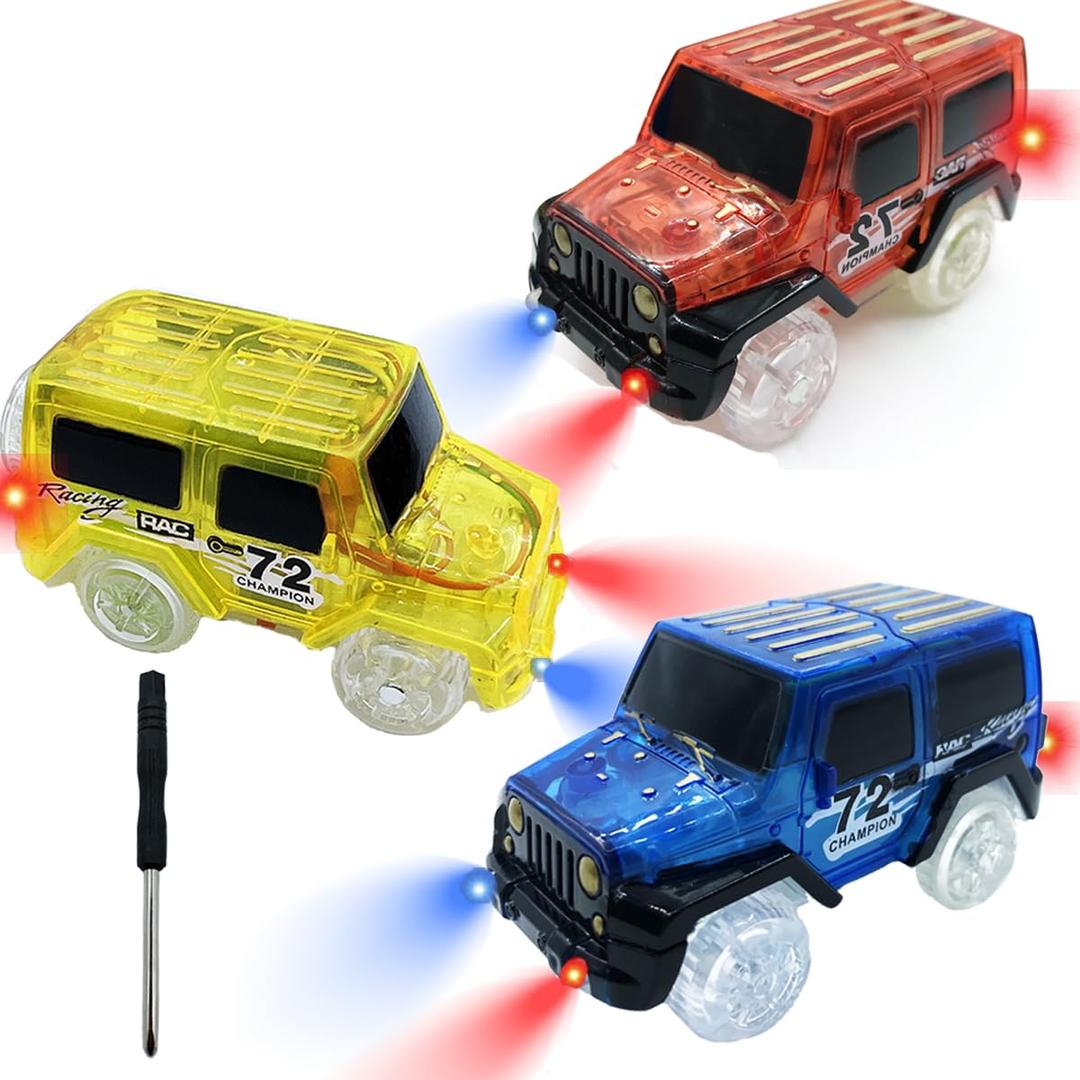 Tracks Cars Replacement with LED Light Glow Car Toys, Glow in The Dark, Race Car Track Compatible with Car Tracks Toys for Kids for Boy Girl Age 3-12 Years Old(3PCS)