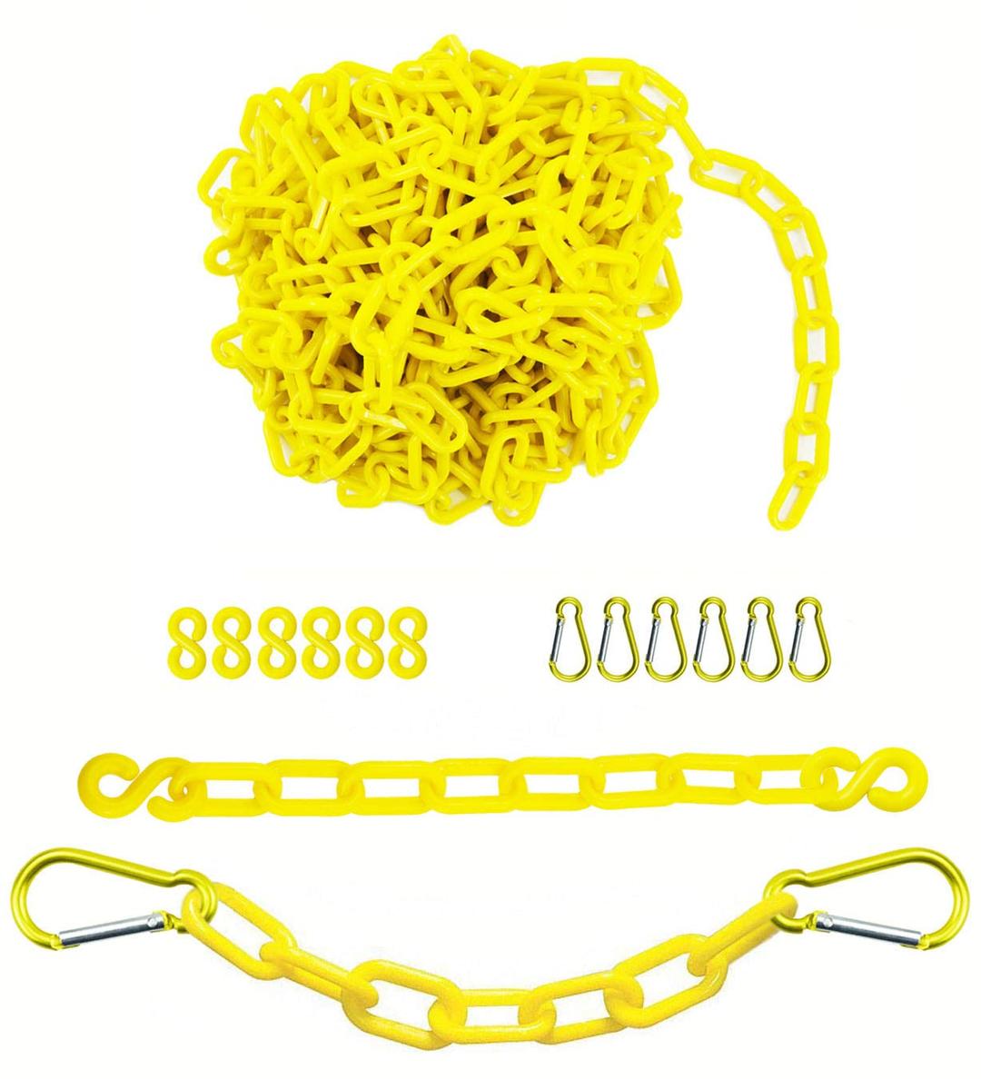 Reliabe1st 26 Feet Yellow Plastic Safety Barrier Chain with 6 S-Hooks and 6 Carabiner Clips | Caution Security Chain Safety Chain for Crowd Control, Construction Site | Safety Barrier