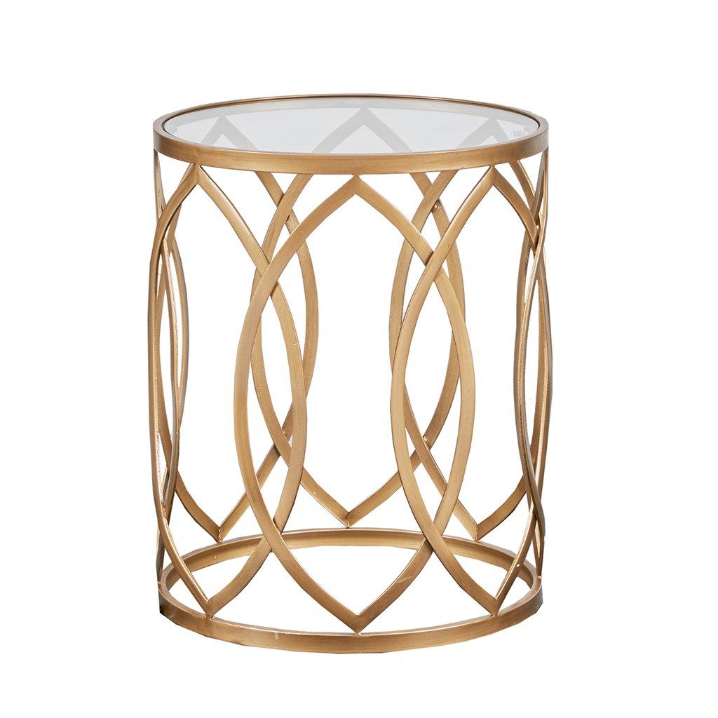 Madison Park Arlo Accent Tables For Living Room, Glass Top Hollow Round, Small Metal Frame Geometric Eyelet Pattern Luxe Modern Stylish Nightstand Bedroom Furniture, Gold