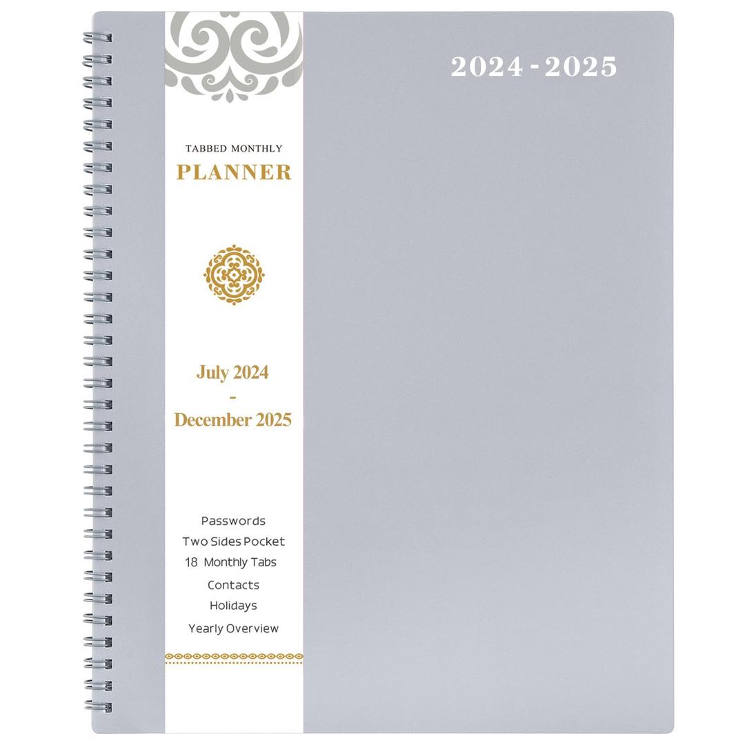 Monthly Planner 2025/Calendar - JAN 2025 - DEC 2025 Planner, 12-Month Planner with Tabs & Pocket & Label, Contacts and Passwords, 9" x 11", Thick Paper, Twin-Wire Binding - Grey by Artfan