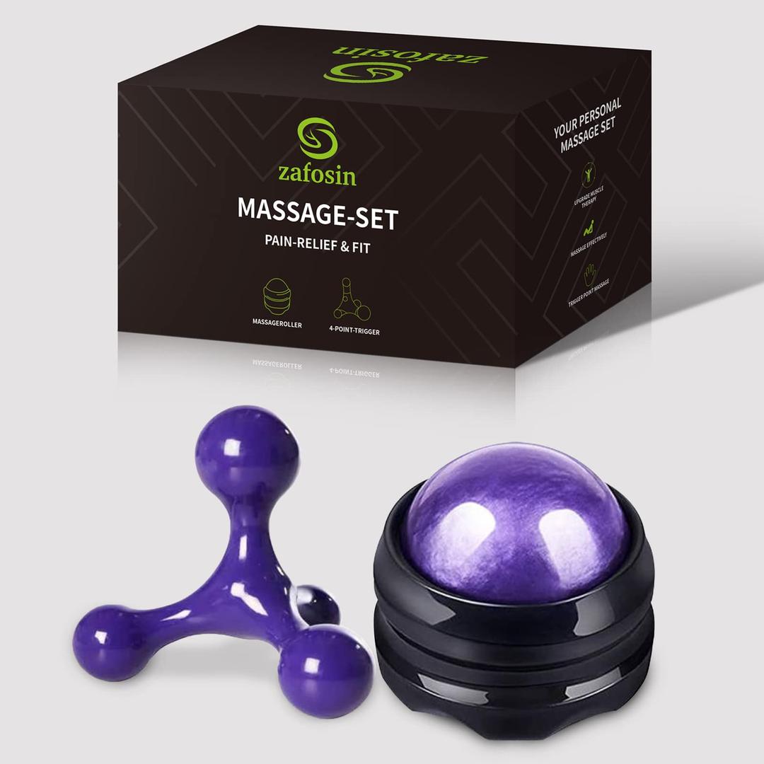 Massage Set Including Manual Massage Ball & Four Trigger Point Finger Hand-Held Massage Tools Massage Roller with Knobs for Pain Relief Relaxing, Muscle Treatment and Back Neck Massage (Purple)