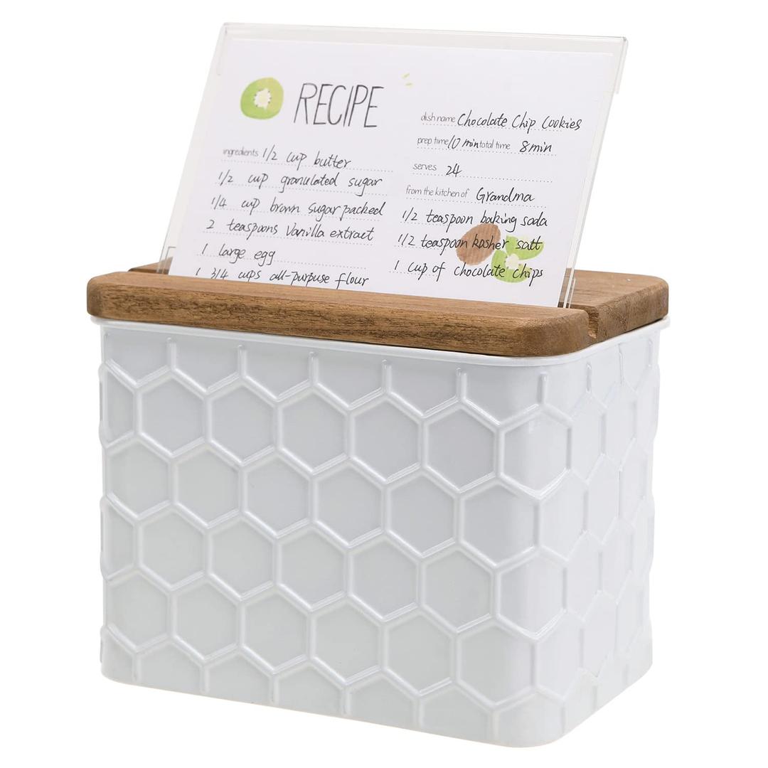 NIKKY HOMEKitchen 4x6 Metal White Recipe Box with Cards and Dividers, Honeycomb Embossed Pattern