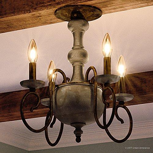 Urban Ambiance Luxury French Country Indoor Semi-Flush Ceiling Light, Large Size: 15.5" H x 18" W, with Colonial Style Elements, Grey-Washed Wood, Antique Black Finish and Exposed Bulbs, UQL2151