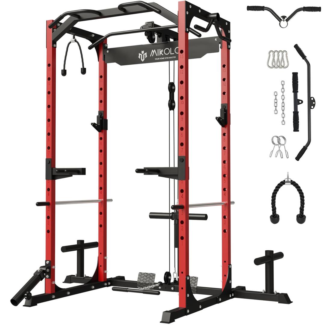 MikoloPower Cage, Power Rack with LAT Pulldown, 1200 Pounds Capacity Workout Cage with More Training Attachments, Squat Rack for Home Gym, F4 Versions