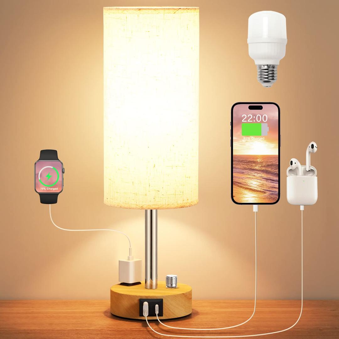 Bedside Lamp with USB Port Outlet - Small Soild Wood Dimmable Night Stand/Table Lamp for Bedroom Nightstand with USB-C Charging Ports for Living Room, Kids/Guest Light (Bulb Included)