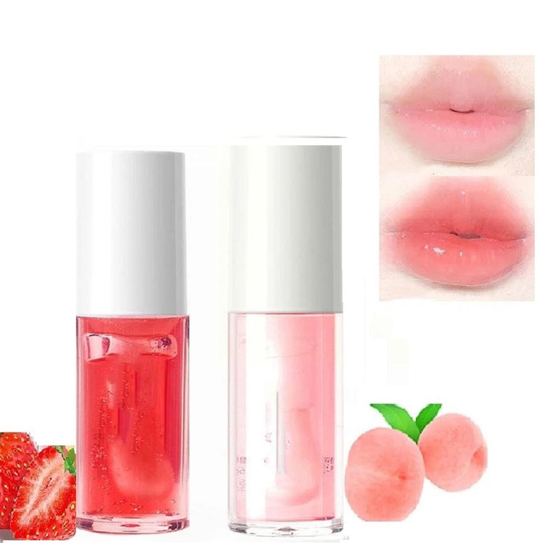 Azonee 2 Pcs Fruity Flavors Lip Glosses, Long-Lasting Moisturizing Lip Glow Transparent Lip Oil Strawberry and Peach Flavors Lip Care Lip Balm