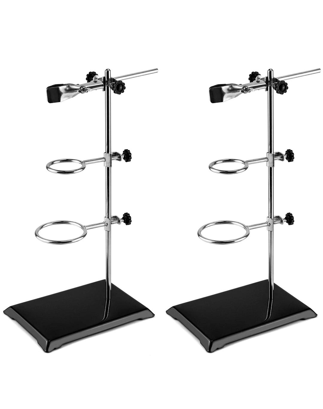 QWORK Chemistry Laboratory Stands Support Set, 2 Set Steel Lab Stand with Cast Iron Base, Rod 16" L with Burette Clamp and Flask Ring Clamps, 2 Retort Rings (Dia. 2"/2.8")