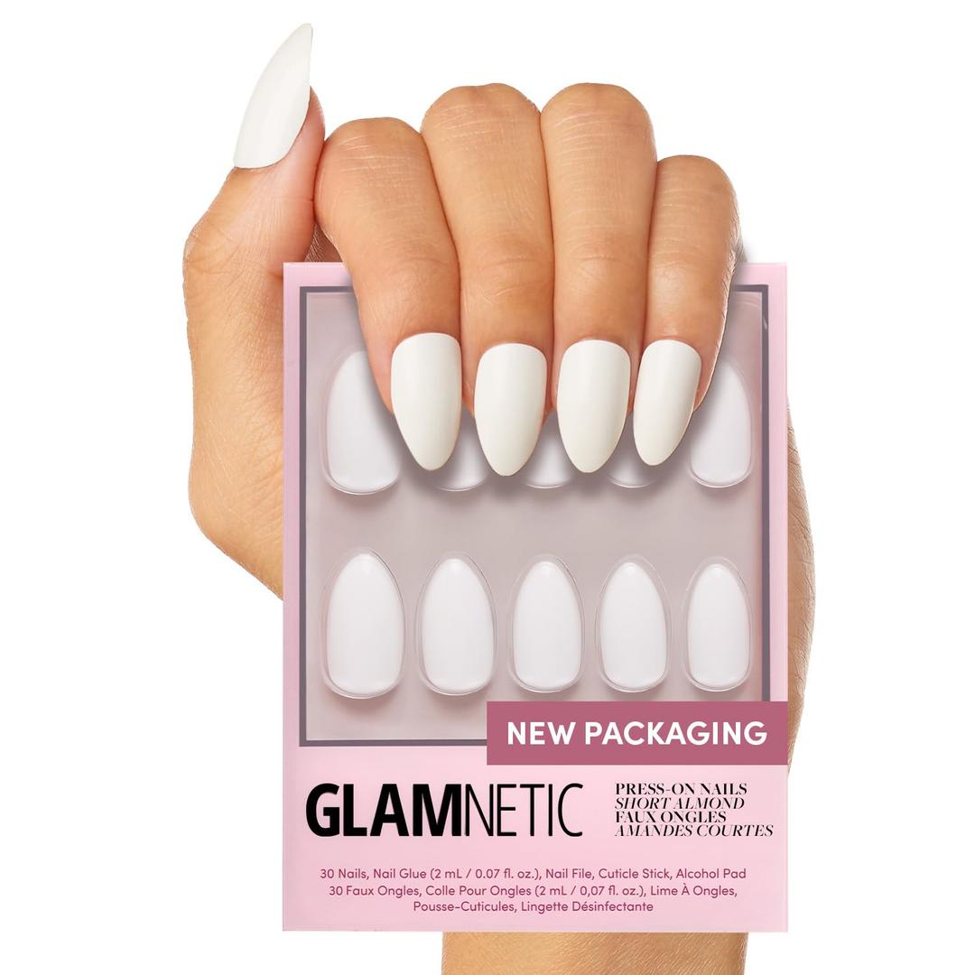 Glamnetic Press On Nails - Angel | Opaque White Short Almond Nails, Reusable | 12 Sizes - 24 Nail Kit