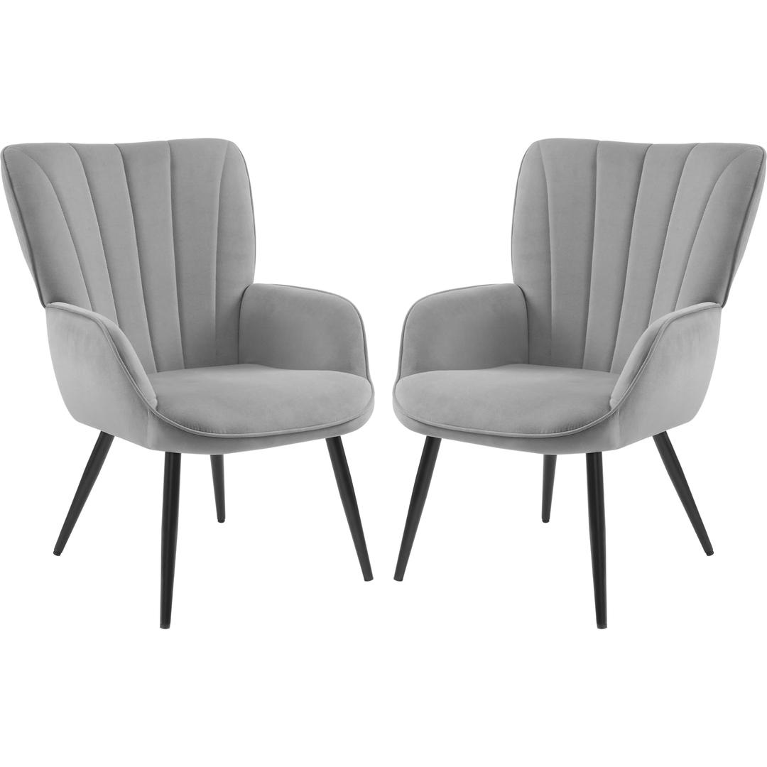 PrimeZone Velvet Accent Chair Set of 2 - Mid Century Modern Living Room Chair Upholstered Reading Chair with Metal Legs & Wing Side, Wingback Armchair for Bedroom, Home Office, Grey