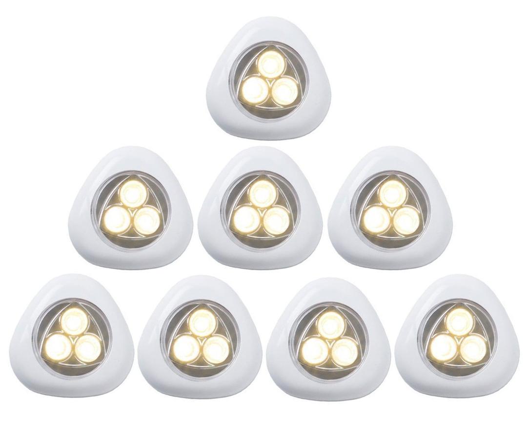 Ledinus Set of 8 Mini Triangulum 3 Led Warm White Battery Operated LED Stick-on Touch Tap Lights for bedroom, baby room, Drawer Bar Sets Attics Garages Car Sheds Storage Room