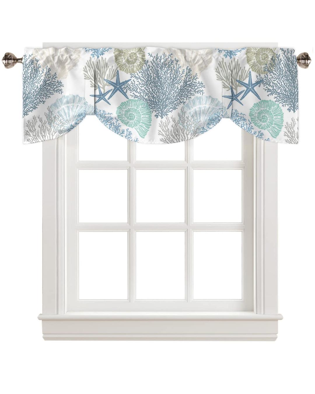 Coastal Tie Up Valance Curtains for Windows, Summer Beach Blue Teal Coral Kitchen Curtains Window Treatments, Sea Nautical Starfish Short Window Shades Valances for Bedroom Bathroom Cafe 54"x18"