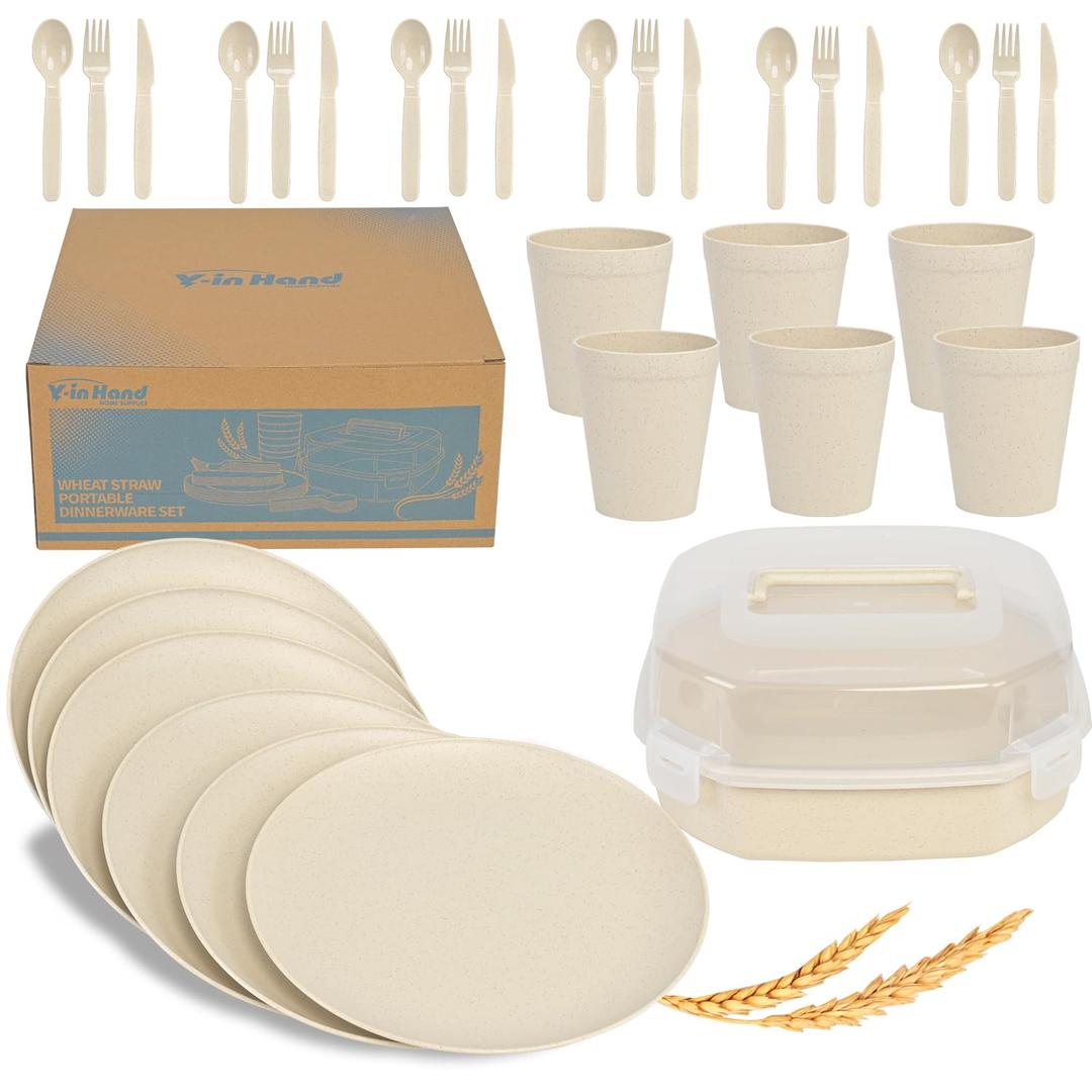 Y-in Hand Portable Wheat Straw Unbreakable Dinnerware Sets, 31 pieces. Plates, Cups, Cutlery, Includes storage box.(Beige)