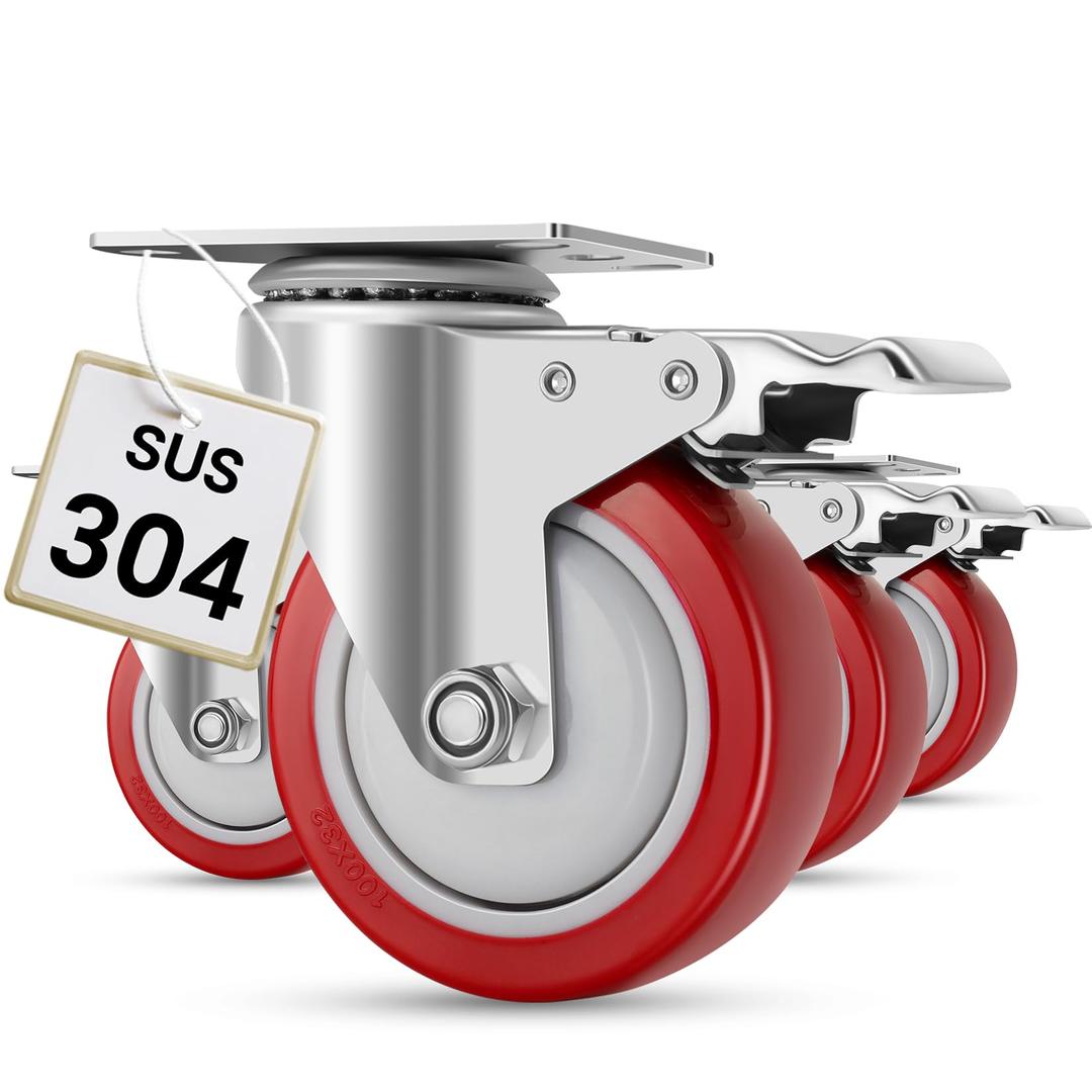 W B D WEIBIDA Stainless Steel 4 Inch Caster Wheels with Brake,Anti-Corrosion 304 Heavy Duty Casters Set of 4,Rust-Proof Industrial Castor for Furniture,Labs,Hospitals,Restaurants,Industrial